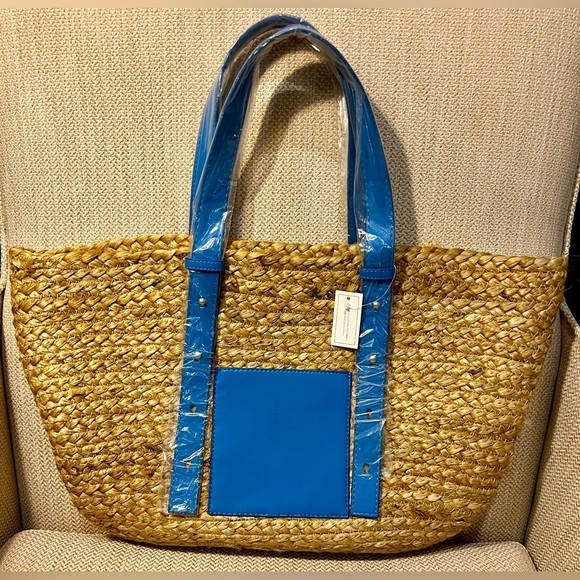Handbags - Handmade summer woven bag with blue leather handle and pocket in front